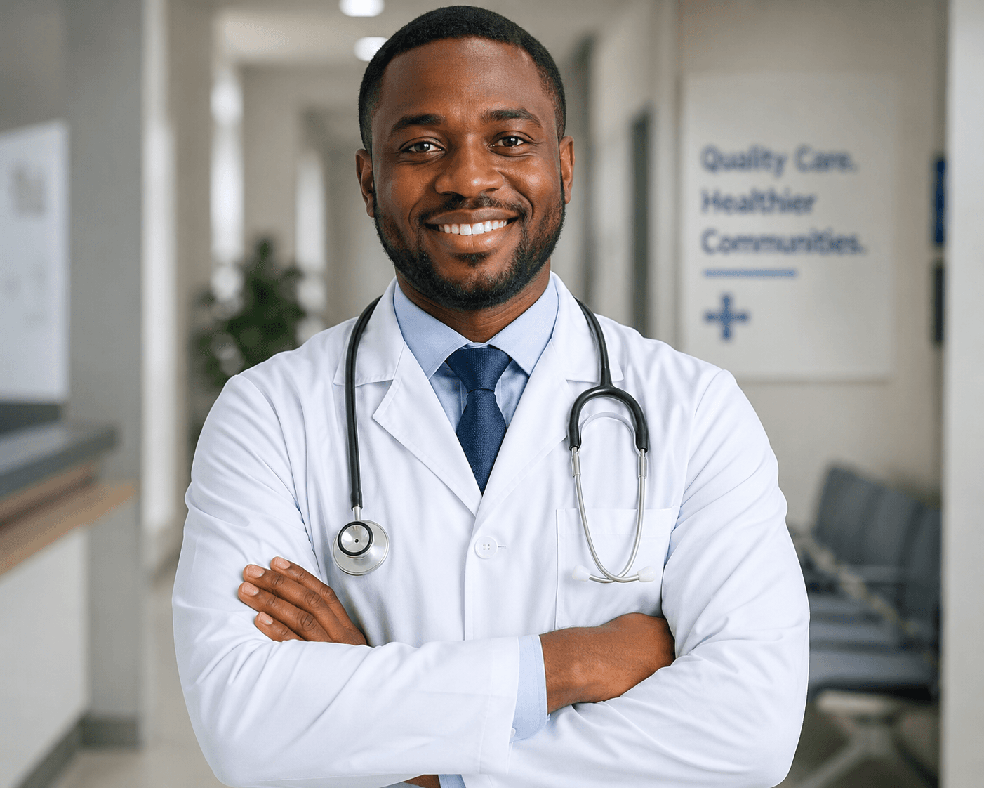 Nigerian doctor standing in a clinic corridor